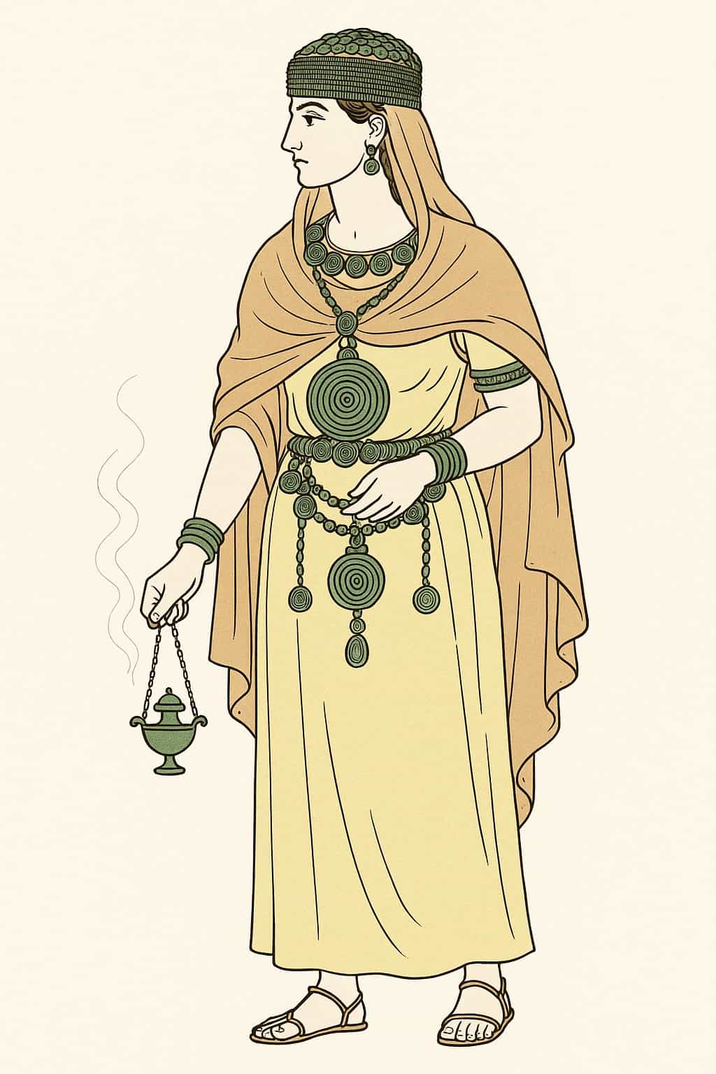 Ricostruzione grafica ipotetica della figura di una “sacerdotessa” enotria (generata con intelligenza artificiale).